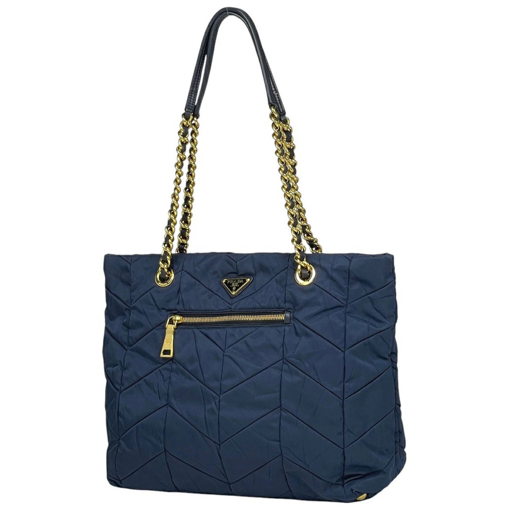 Prada Logo Plate Chain Tote Bag Quilted Shoulder Navy Blue